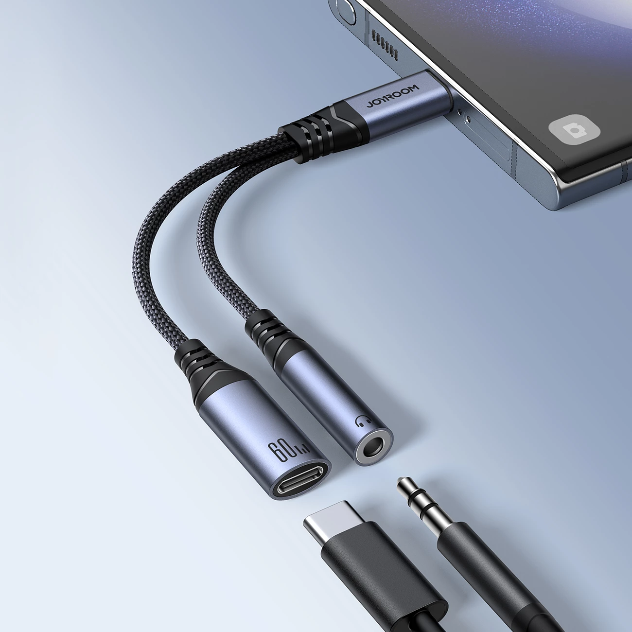 Adapter 2‑v‑1 USB‑C na USB‑C/3,5 mm mini priključek, Joyroom SY‑C02, črn