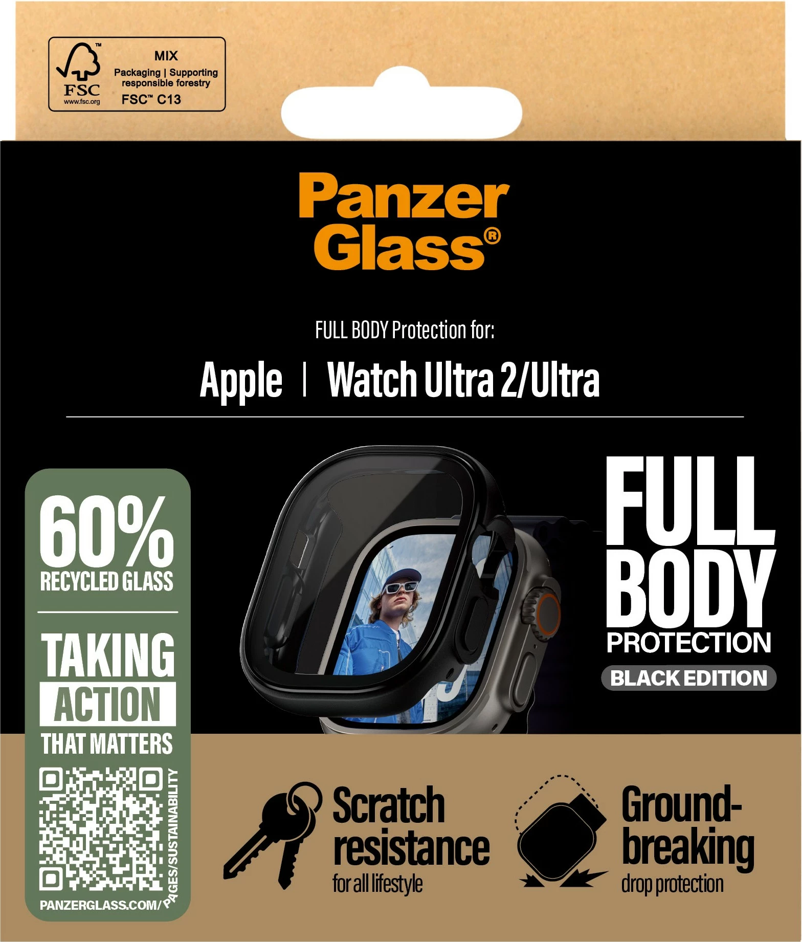 Zaščita zaslona za Apple Watch Ultra 2 PanzerGlass, full body, prozorna, črno ohišje