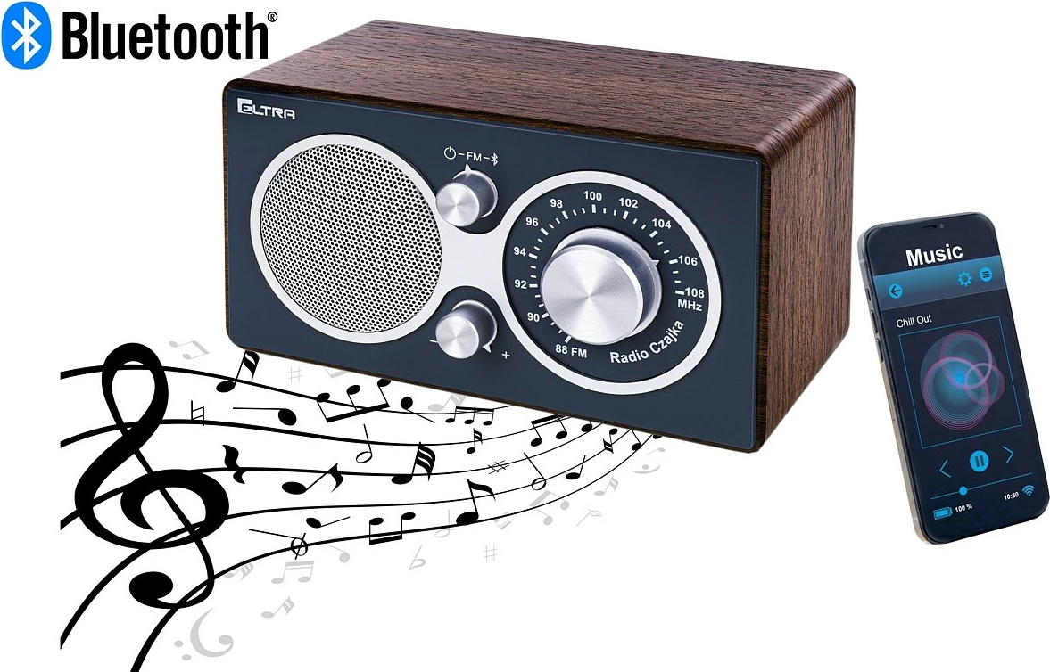 Radio z lesenim ohišjem in sivo sprednjo ploščo Eltra Czajka Bluetooth, mono, FM