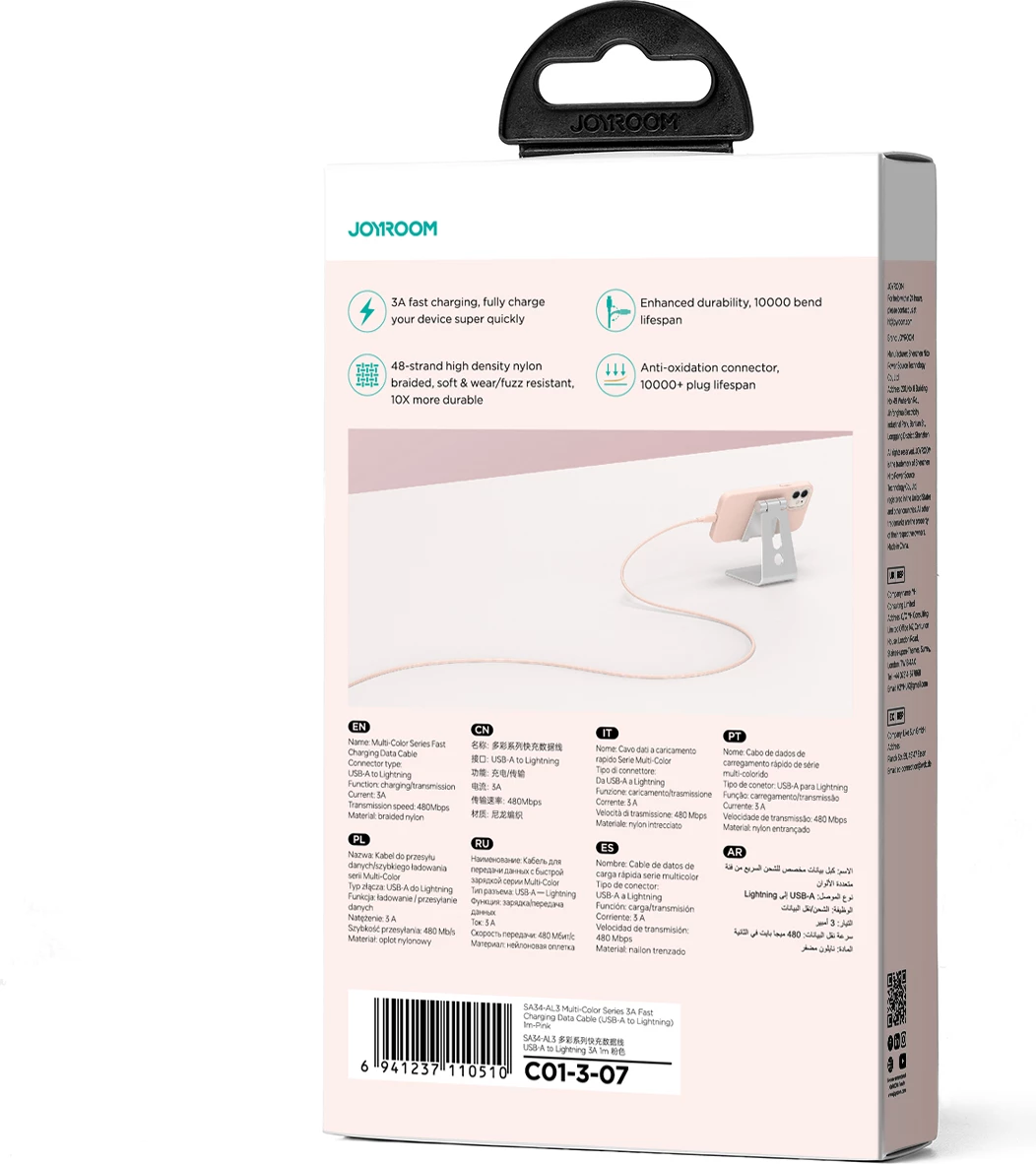 Kabel USB-A v Lightning, 1 m, 3 A, roza, Joyroom Multi-Color Series S-A34