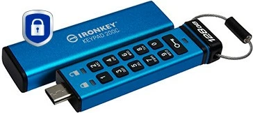 USB ključek z vgrajeno tipkovnico 128GB, Kingston IronKey Keypad 200C, USB-C, modra