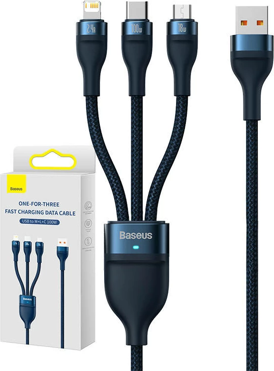 3-v-1 kabel Baseus Flash Series, 1,2 m, 100 W, USB-C + micro USB + Lightning, modra