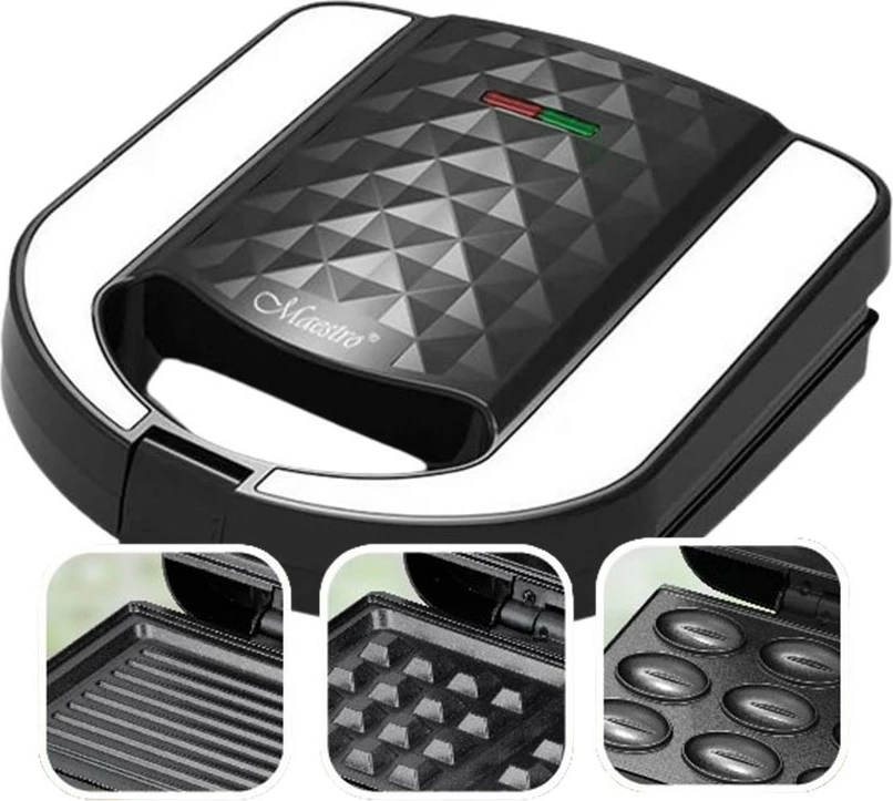 3-v-1 sendvič toster, Feel-Maestro MR-709, 750 W, črno/srebrn, z zamenljivimi nelepljivimi ploščami