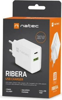 Omrežni polnilec Natec Ribera NUC-2061, 20 W, 1x USB-A + 1x USB-C, bel