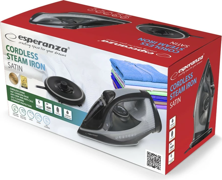 Parni likalnik brezžični Esperanza Satin, 2600 W, keramična plošča, rezervoar za vodo 300 ml, črn/siv