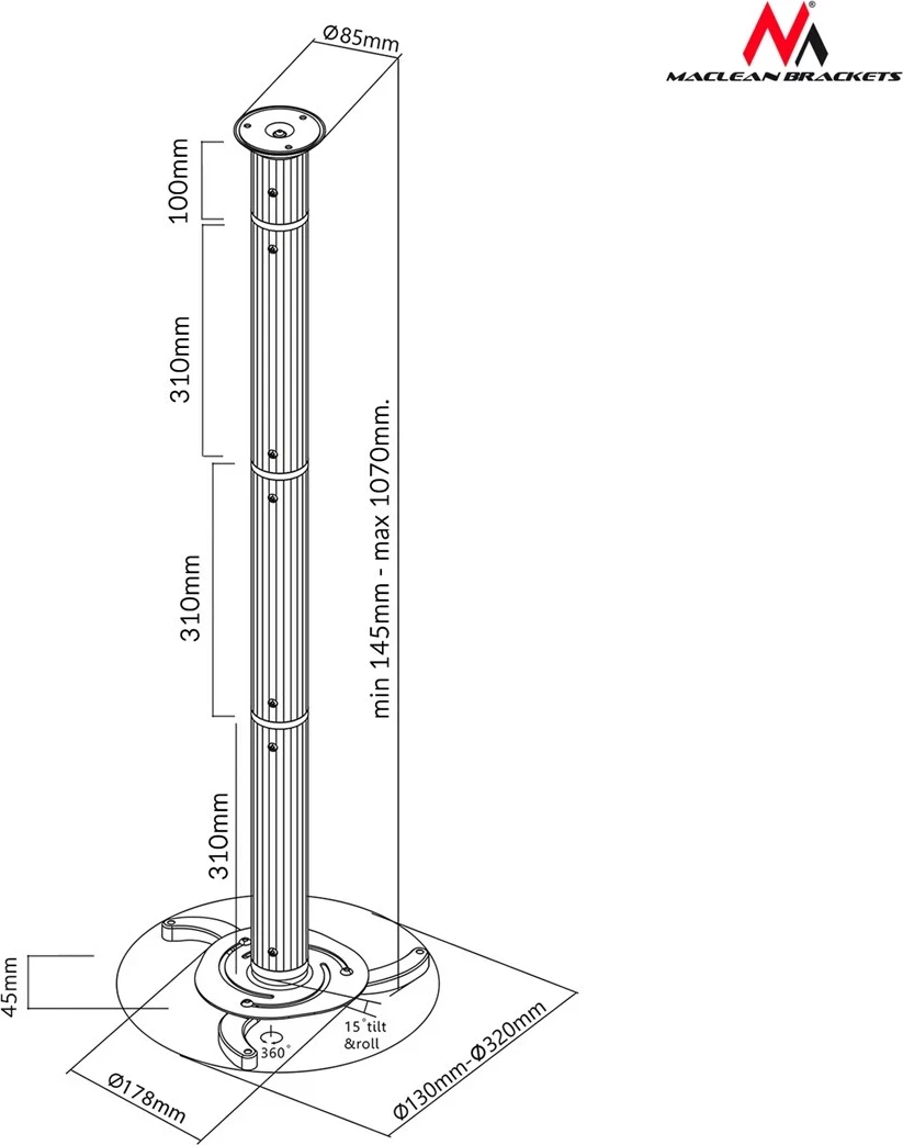 Stropni nosilec za projektor Maclean MC-517, srebrn