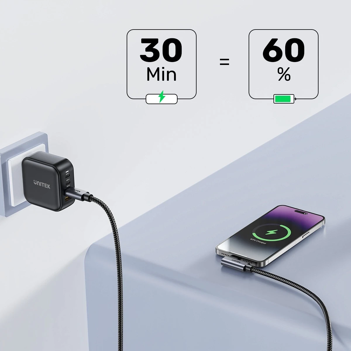 Kabel USB-C z 90° kotom PD 100W 0,5 m, črno-siv - Unitek