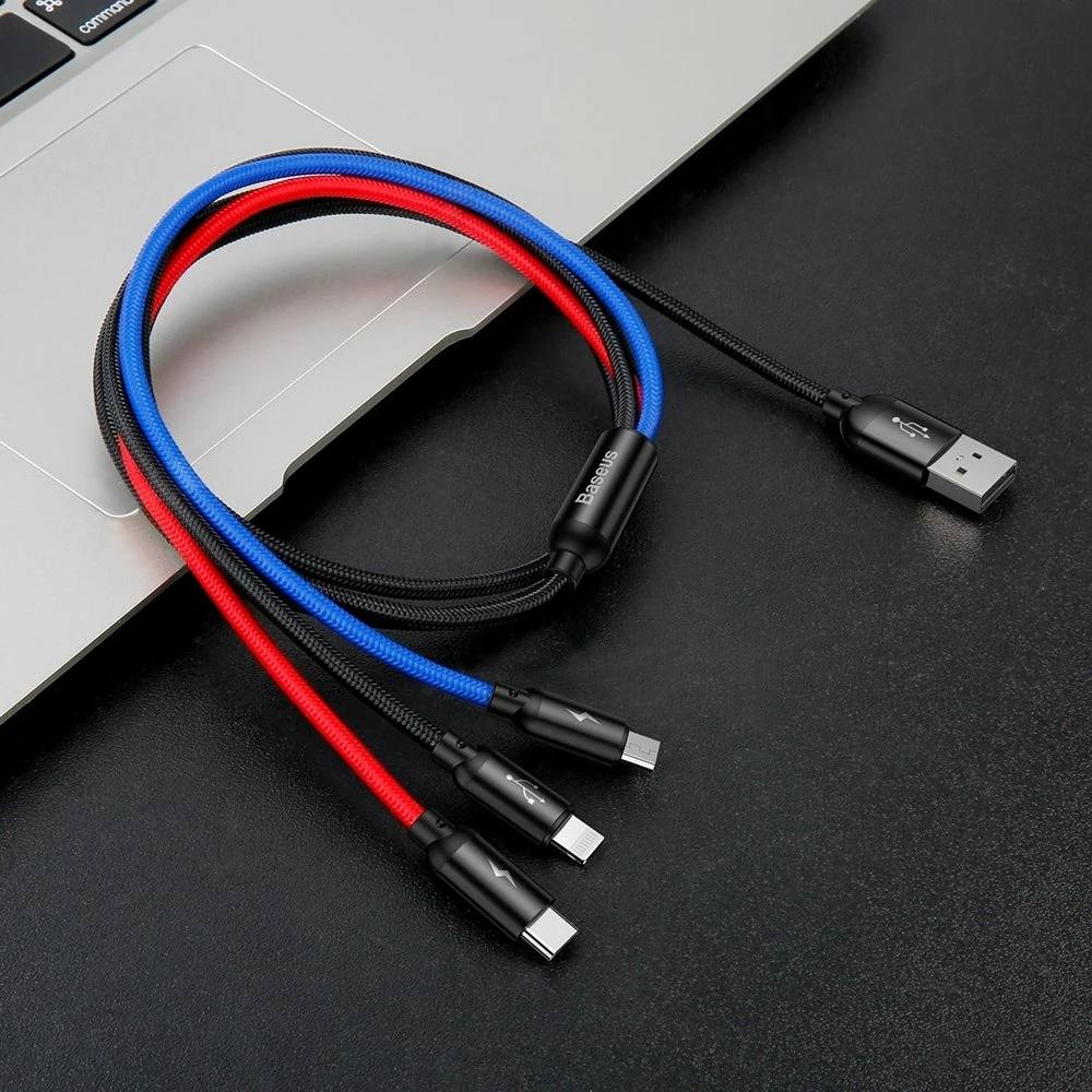 Kabel 3-v-1 v treh osnovnih barvah, Baseus Three Primary Colors CAMLT-BSY01, 1,2 m, USB-A na micro USB/Lightning/USB-C, črn/rdeč/moder