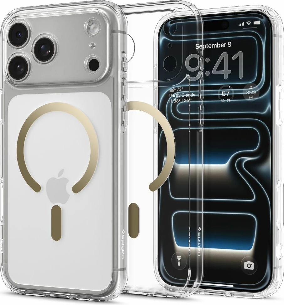 Ovitek za pametni telefon iPhone 17 Pro Spigen Ultra Hybrid MagSafe, TPU+PC, z vgrajenim magnetnim obročem, prosojno zlata