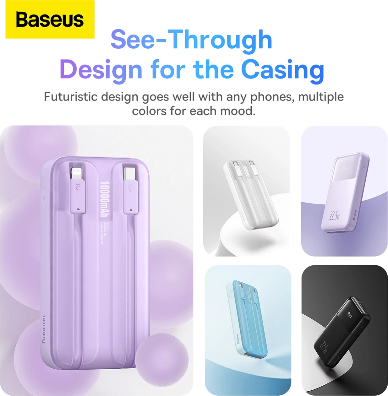 Powerbank z zaslonom, 10.000 mAh, 22,5 W, vijoličen — Baseus Comet Series PPMD020005 + kabel USB-A/USB-C