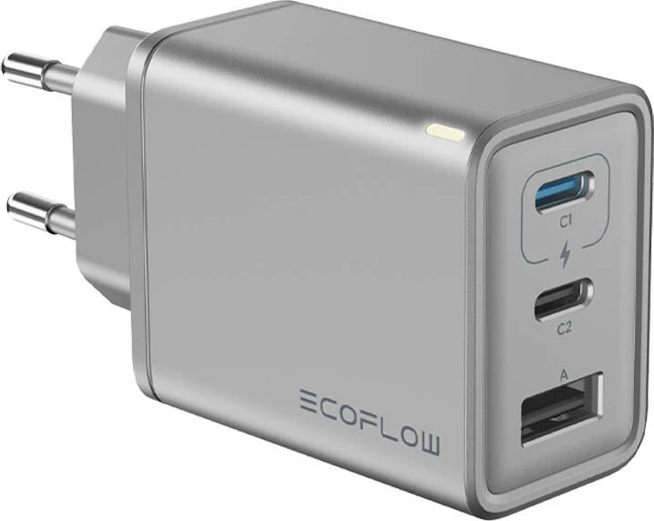 Omrežni polnilec 65W GaN EcoFlow RAPID, 2x USB-C, 1x USB-A, srebrno-črn, s kablom 1 m