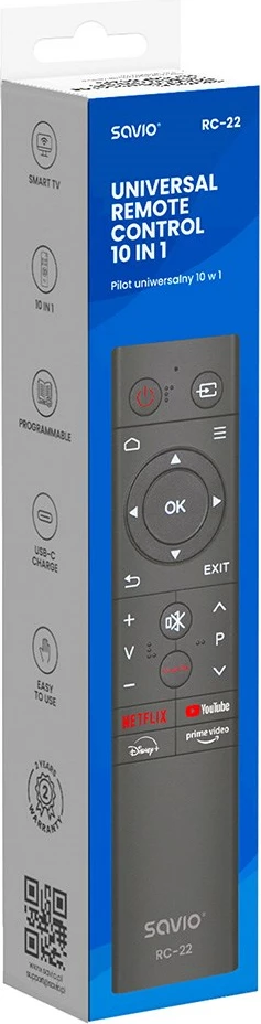 Univerzalni daljinski upravljalnik Savio RC-22, 20 gumbov, IR, USB Type-C, črn