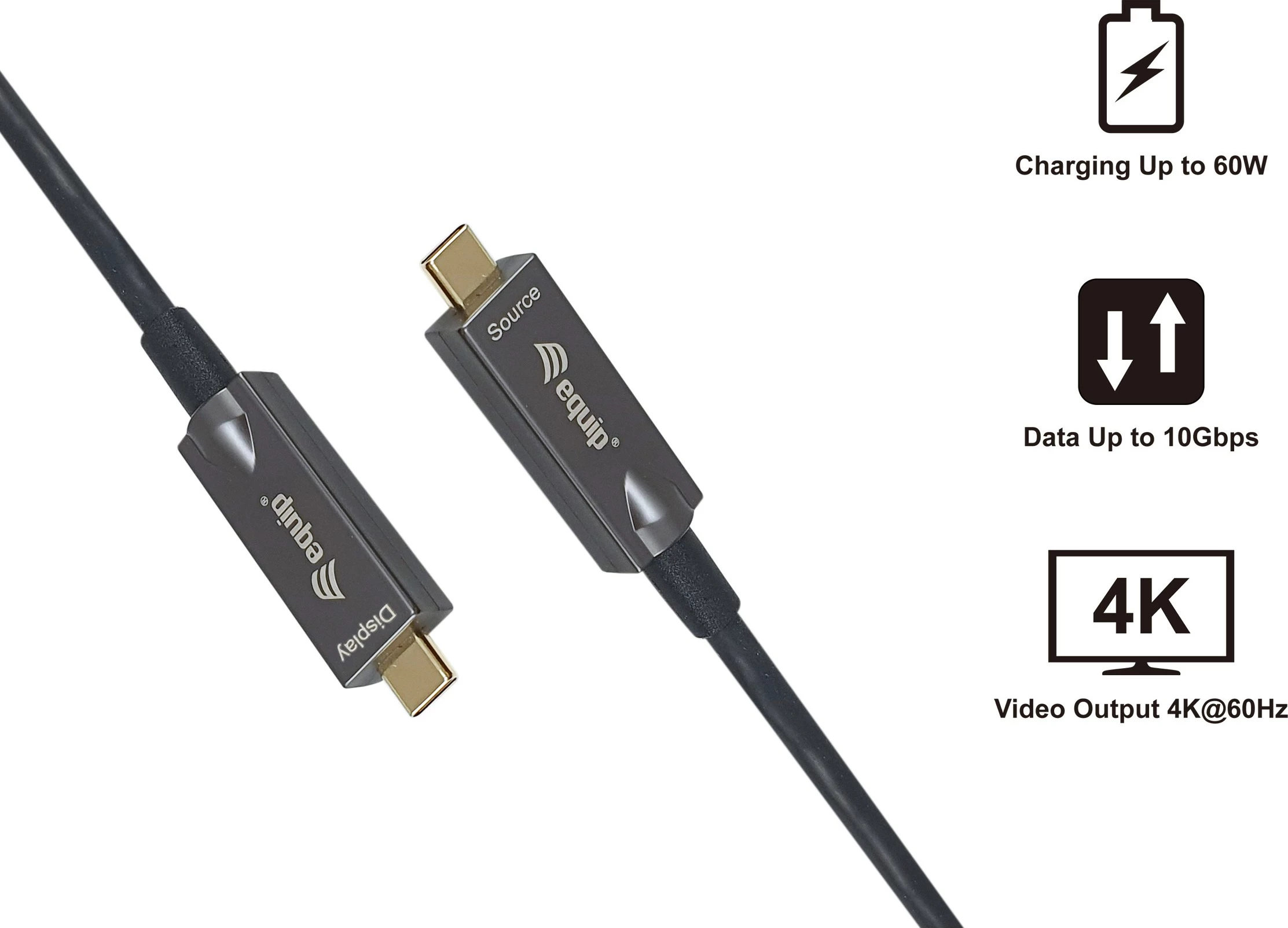 Aktivni optični kabel USB-C na USB-C Equip 119462, 10 m, 4K/60Hz, Video+Podatki+PD, črn