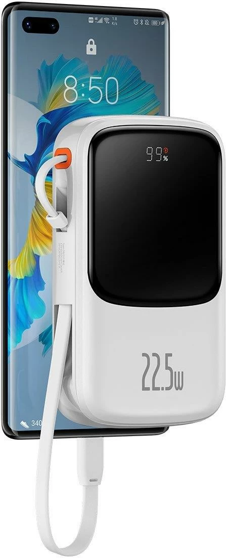 Powerbank z digitalnim zaslonom 10.000 mAh, 22,5 W, z vgrajenim USB-C kablom, Baseus Qpow, bel