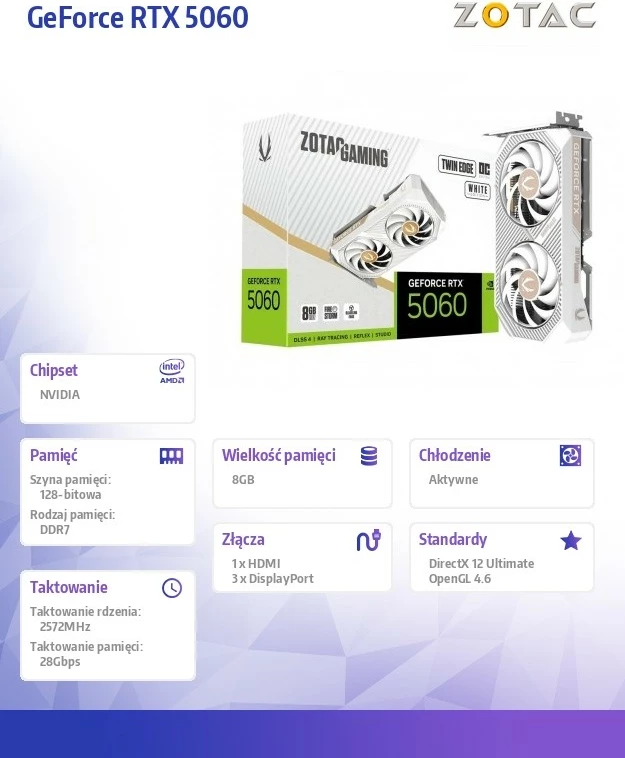 Grafična kartica ZOTAC GeForce RTX 5060 Twin Edge OC ZT-B50600Q-10M, 8 GB GDDR7 128-bit, 3x DisplayPort/HDMI, PCIe 5.0 x8, bela
