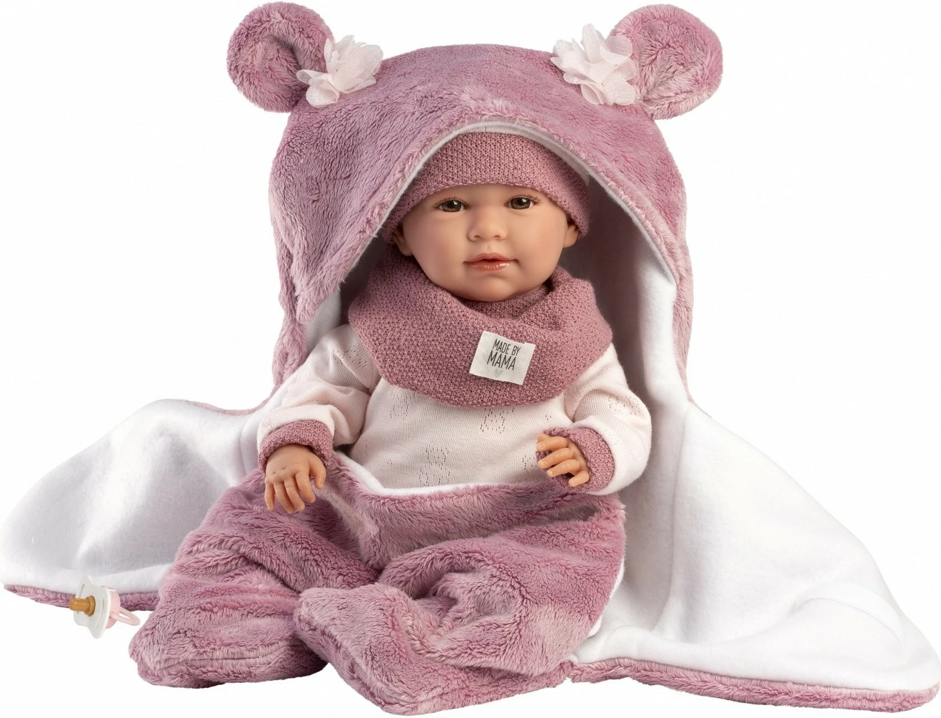 Jočeča lutka dojenček Mimi Llorens 74130, 42 cm, z odejico in stekleničko, 3-delni komplet, rožnata