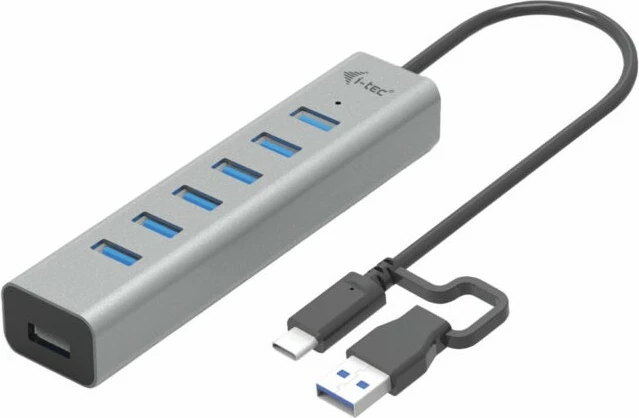 USB razdelilec I-Tec, 7 vrat USB 3.2 Gen 1, 5000 Mbit/s, kovinski, 0,3 m, siv