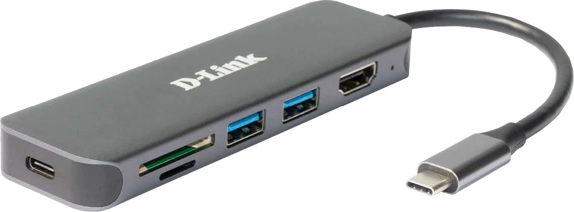 USB-C razširitveni hub, 6-v-1 D-Link DUB-2327, HDMI, SD/microSD, 60W, siv