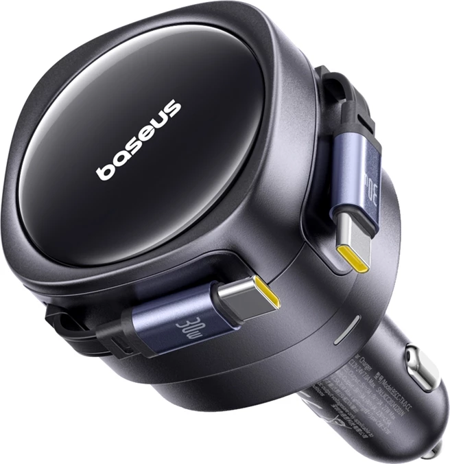 Polnilec za avto z dvema integriranima USB-C kabloma, 60 W, črn, Baseus Enjoyment Max