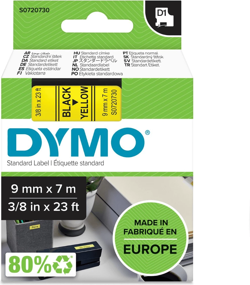 Etiketni trak 9 mm x 7 m, črn na rumenem — Dymo 40918 S0720730 D1