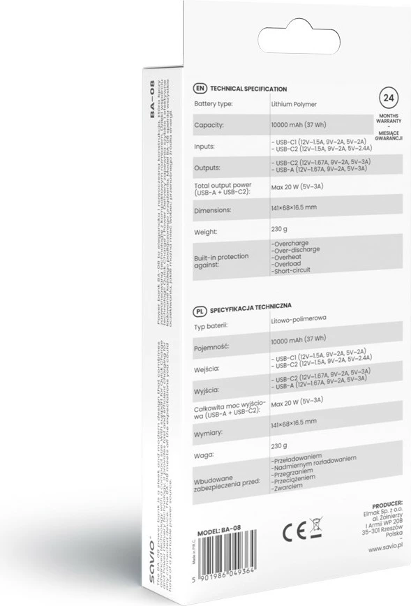 Powerbank Savio BA-08, 10000 mAh, črn