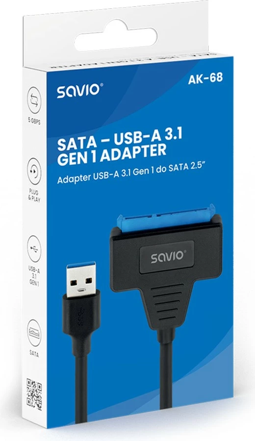Adapter USB-A 3.1 Gen 1 na SATA za 2,5-palčne diske, Savio AK-68, črn