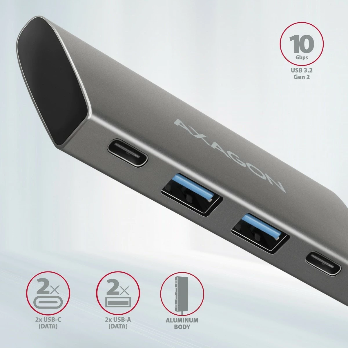 Razdelilec USB AXAGON HMC-4G2, 4 vrata (2x USB-A, 2x USB-C), USB 3.2 Gen 2, kabel USB-C 13 cm, črno/siv