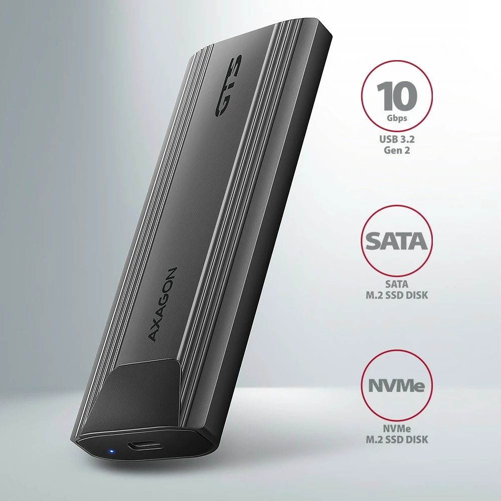 Zunanje računalniško ohišje za SSD M.2 NVMe in SATA, USB-C 3.2 Gen 2, črno - AXAGON EEM2-GTS2