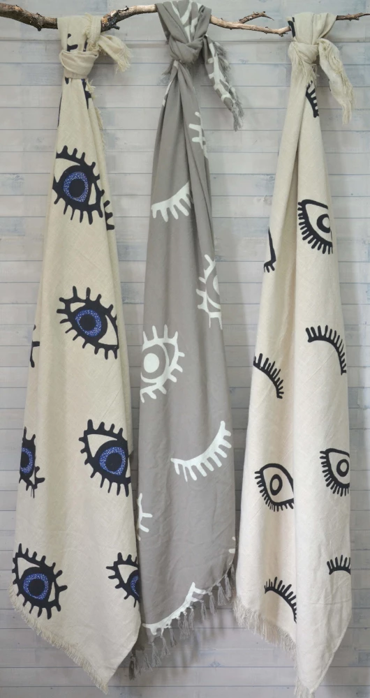 Dekorativno pregrinjalo Eyes, bombaž, belo-modro, 130x170 cm