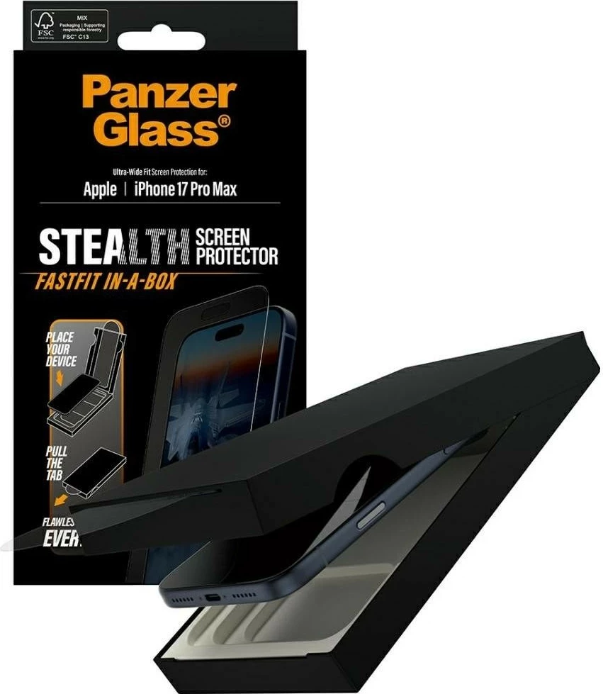 Zaščitno steklo PanzerGlass Stealth Ultra-Wide Fit Fastfit za iPhone 17 Pro Max, prozorno