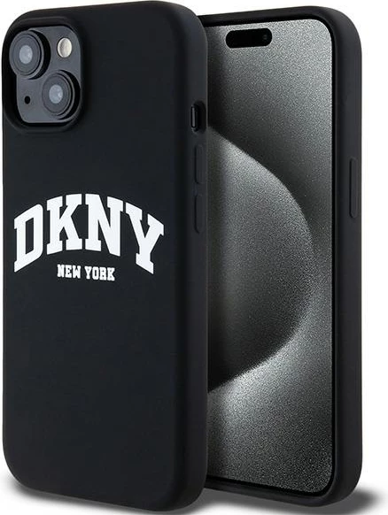 Ovitek iz tekočega silikona z belo logotipom, MagSafe, za iPhone 14/15/13, DKNY, črn