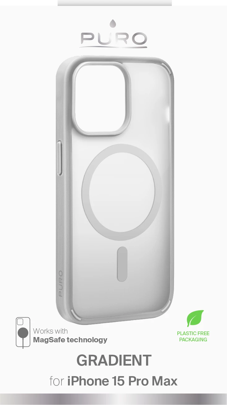 Zaščitni ovoj Gradient MagSafe za iPhone 15 Pro Max, silikon, srebrn — Puro