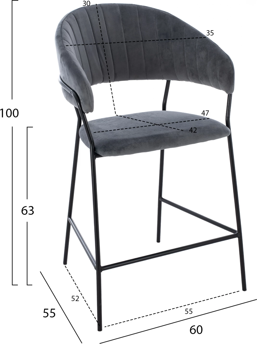 Srednje visok stol HM8734.01 sivo žamet s črnim okvirjem 60x55x100Y cm, set 2 kosov