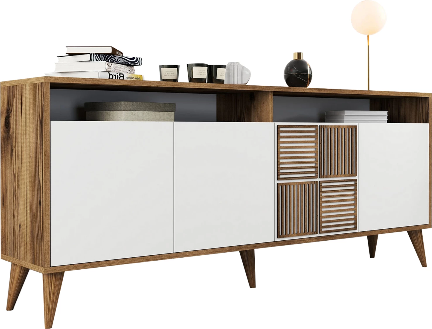 Bife iz melamina v barvi oreha z belimi vrati 180x35x78.6H cm FH9431.02