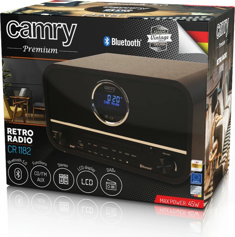 Retro radio z lesenim ohišjem Camry CR1182 DAB+/FM/AM, Bluetooth, CD, USB/AUX, 15 W, črn