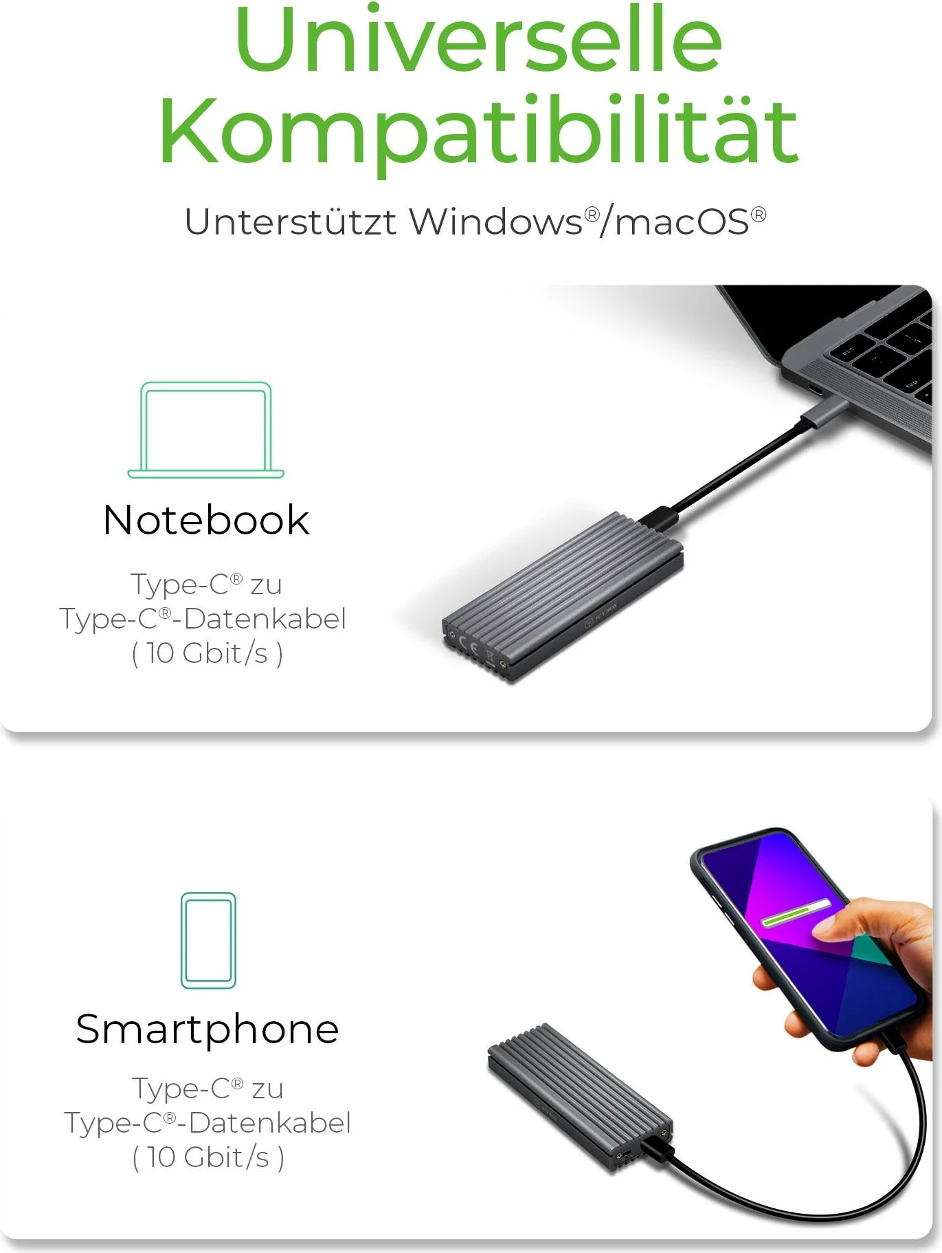 Zunanja M.2 ohišje za SSD, ICY BOX IB-1817M-C31, M.2, PCIe 3.0, 10 Gbit/s, USB, siva