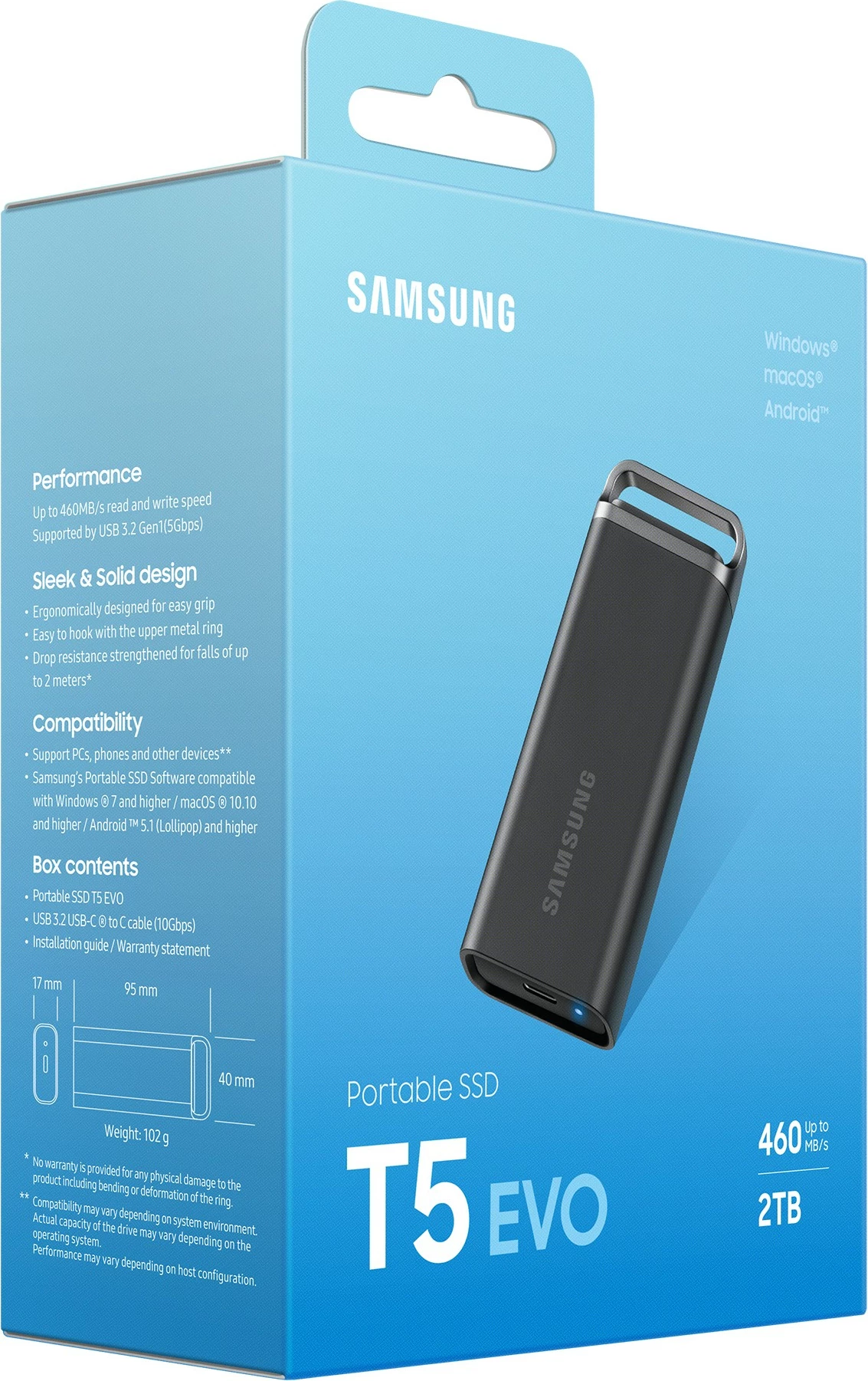Zunanji SSD, 2 TB, 3.2 Gen 1, 460 MB/s, Samsung MU-PH2T0S, črn