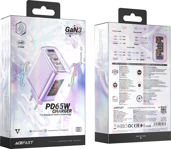 Stenski polnilec, 65 W, 3 vrata (2x USB‑C, 1x USB), GaN, vijoličen Acefast A45
