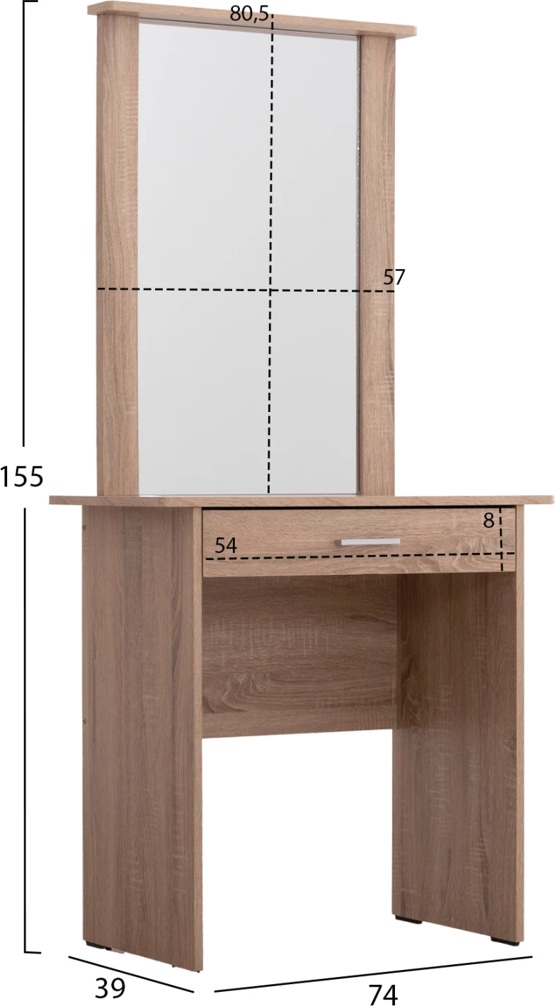 Toaletna miza z ogledalom in stolčkom CRYSTEL FH9938.11 melamin v barvi sonoma hrasta 74x39x155H cm