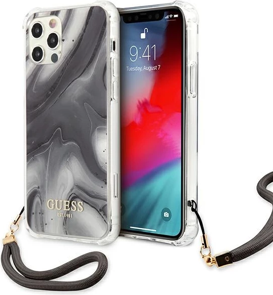 Ovitek Marble Collection za iPhone 12 Pro Max 6,7", Guess GUHCP12LKSMAGR, siva z vrvico