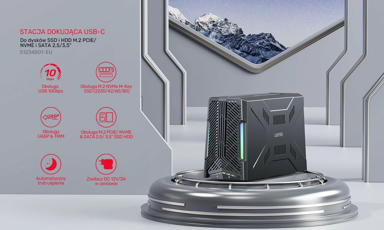 Dokirna enota za 4x M.2 SSD, USB 4 Unitek S1243BGY01-EU, črna