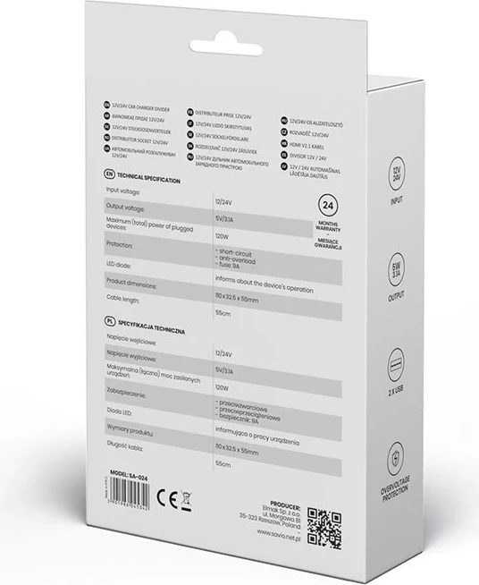 Razdelilec vtičnice za vžigalnik v avtomobilu Savio SA-024, 12/24V, črn