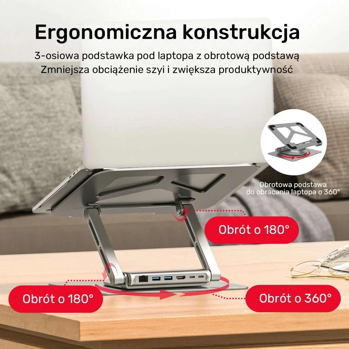 Stojalo za prenosnik Unitek USB-C HDMI 4K PD 100W, srebrno