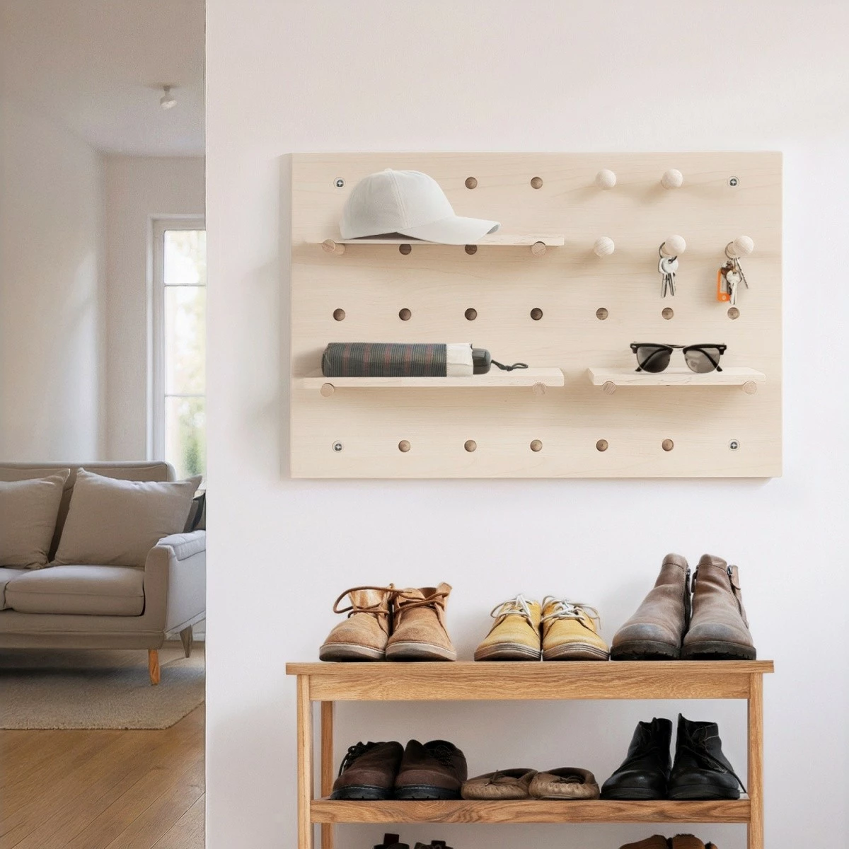 Stenski organizator, Maclean MC-130 WD, 40x60 cm, 3 police + 5 kavljev, nosilnost 20 kg, svetlo les