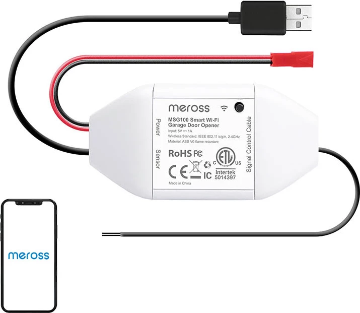Pametno stikalo za garažna vrata, Meross MSG100HK-EU, Wi‑Fi 2.4GHz, HomeKit/Google/Alexa, vratni senzor