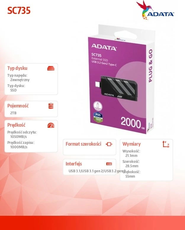 Zunanji SSD Adata SC735, 2TB, USB 3.2 Gen2 Type-C, črn/siv
