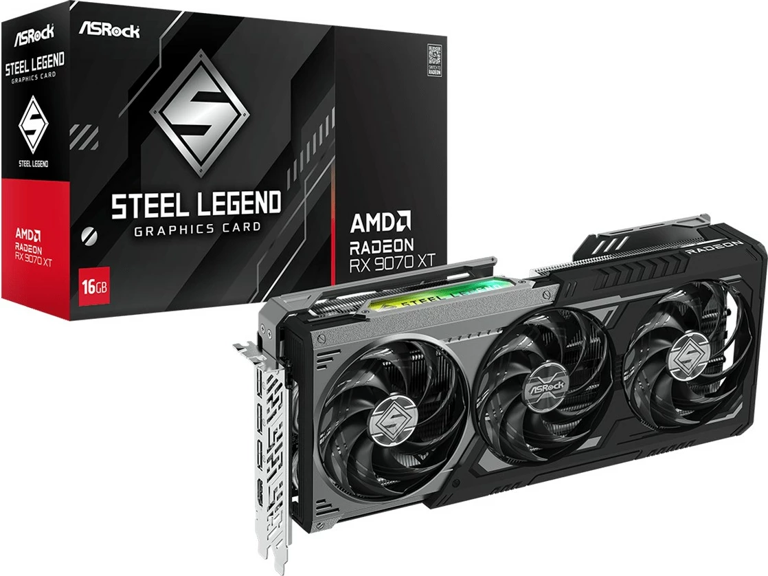 Grafična kartica Radeon RX 9070XT Steel Legend Dark ASRock, 16GB, 3 ventilatorji, večbarvna