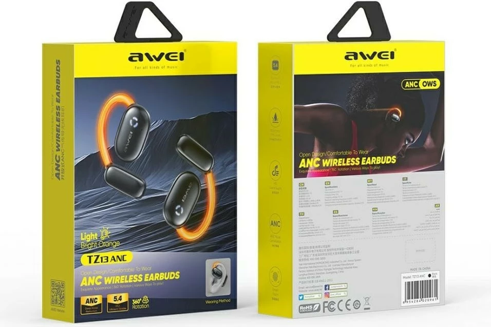 Bluetooth slušalke z ANC AWEI TZ13, BT 5.4, aktivno zmanjševanje šuma, ušesni kavlji, ohišje spinner z USB-C, črne