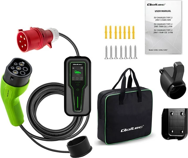 Prenosni polnilec za električne avtomobile Qoltec 52466, 7 kW, Type 2, LCD, 5 m, črno/zelen