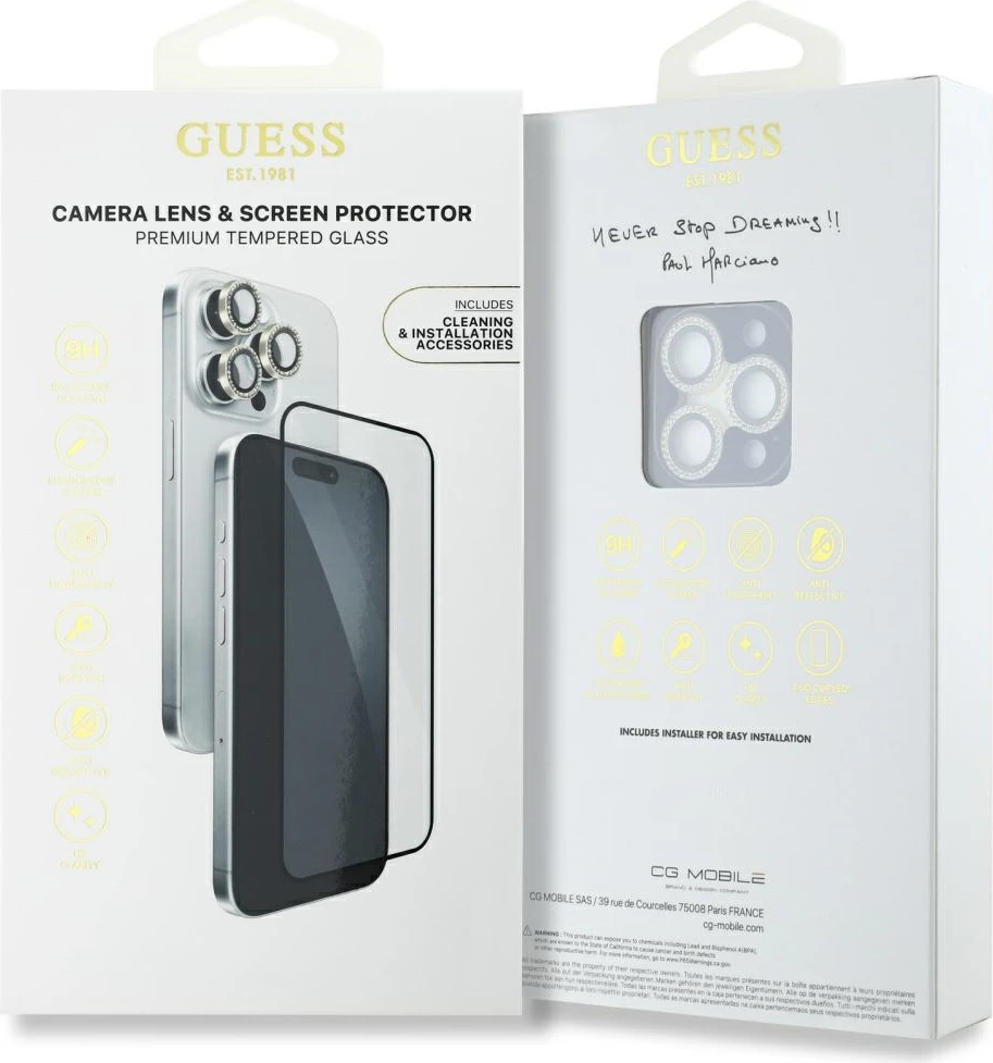 Zaščitno steklo in zaščita kamere 2v1 Guess BP Rhinestone za iPhone 16 Pro Max, zlato